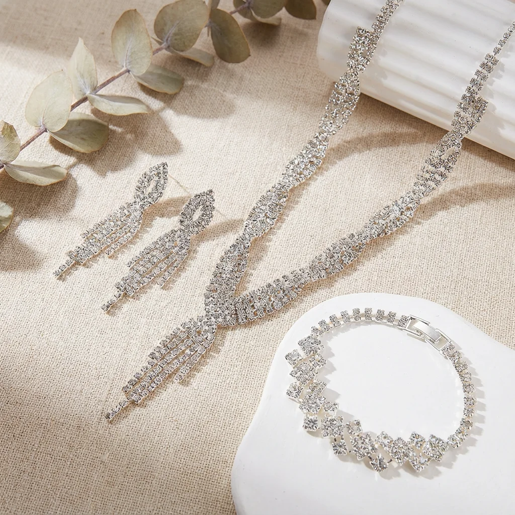 Bling Strass Halsband Halskette Set für Frauen Y2K Ästhetische Silber Farbe Lange Kette Ohrring Armband Party Zubehör Geschenk – Detail 5