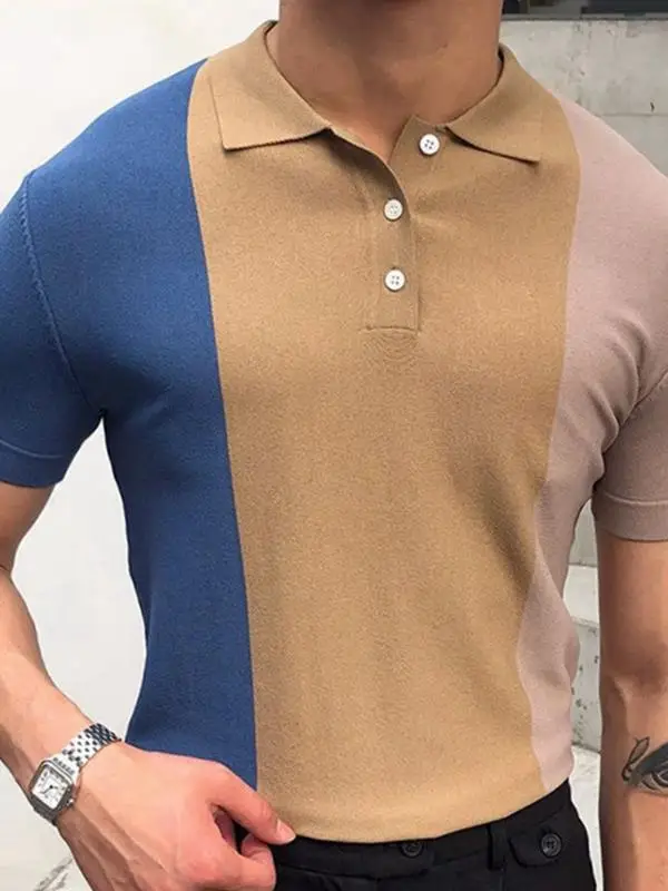 

2024 Summer Contrast Spliced Knitted Short Sleeved T-shirt For Business Polo Fashion Men's T-Shirt