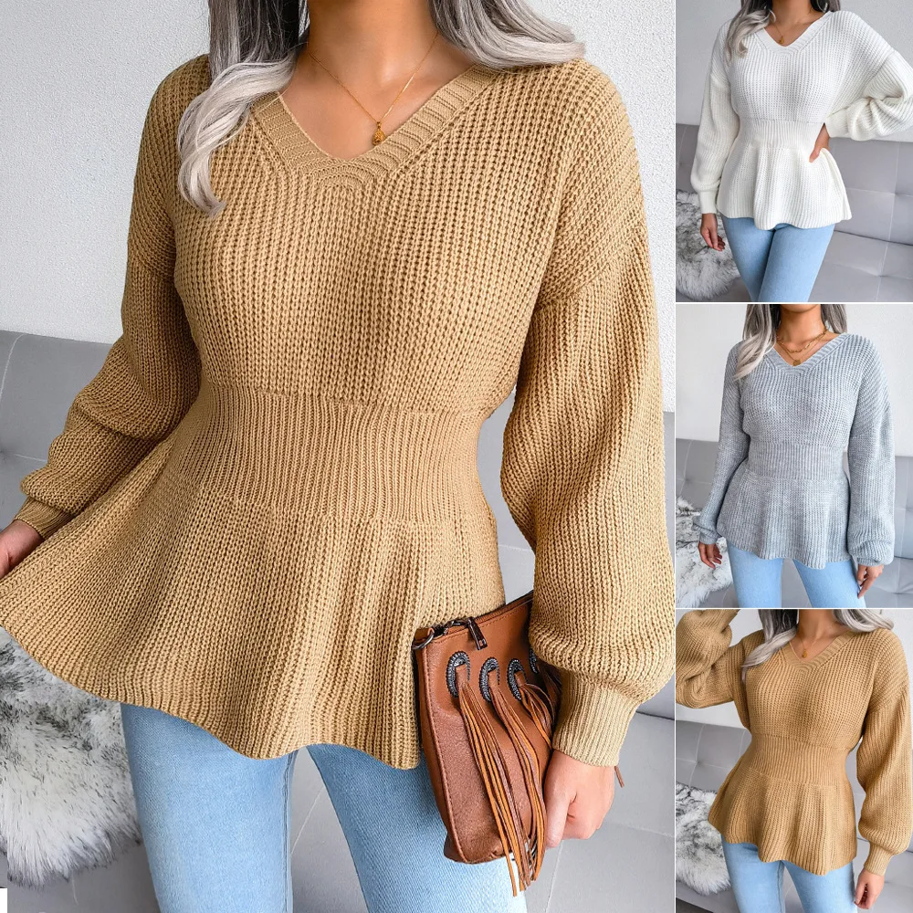 

Autumn and Winter Urban Casual Solid Color Pullover Lantern Sleeve Waist-Tight Hem Ruffled Knitted Loose Sweater Women
