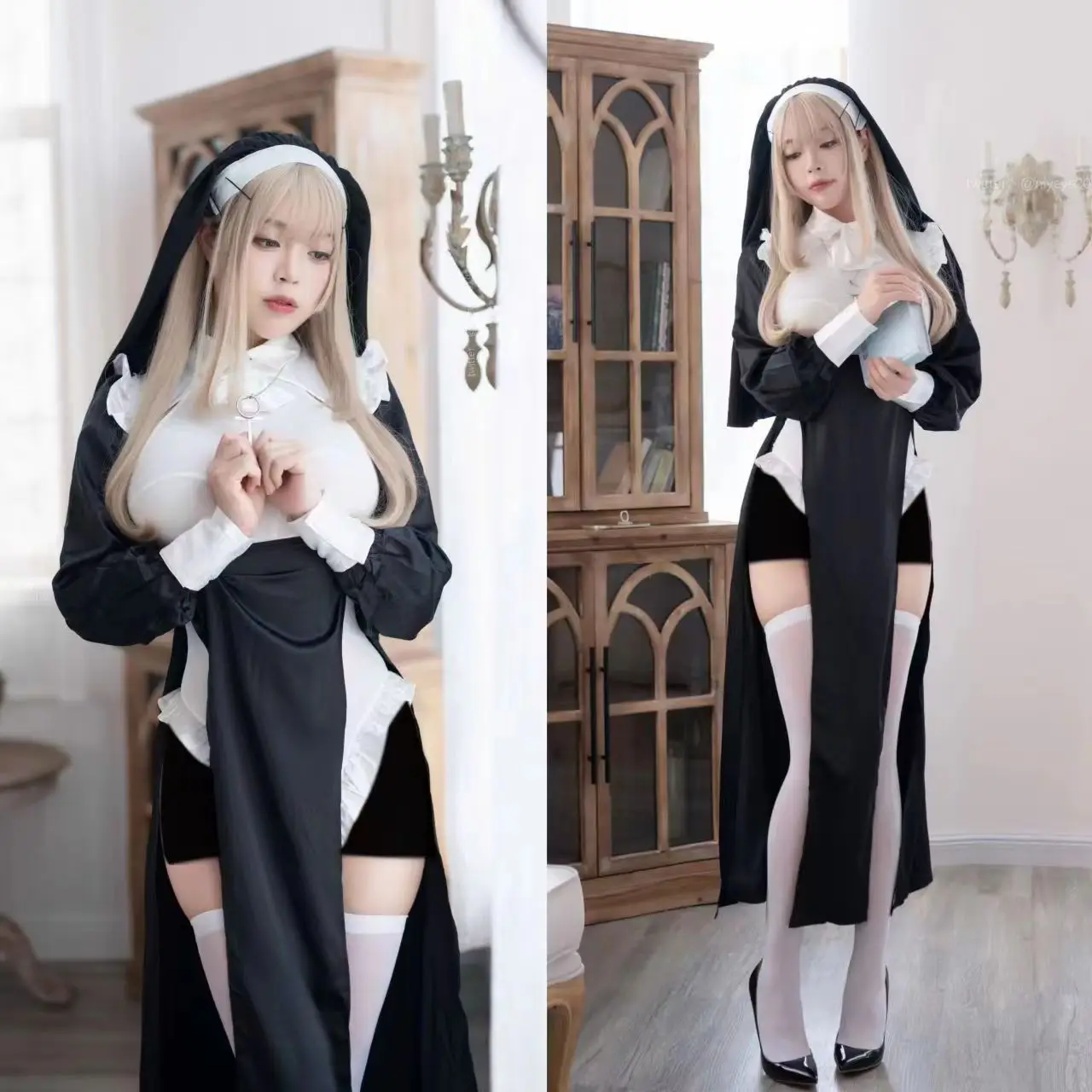 

Nun Cosplay Costume Women Fancy Dress Set Halloween Party Roleplay Outfit Adult Nun Dress Black Fancy Cosplay Dress Up