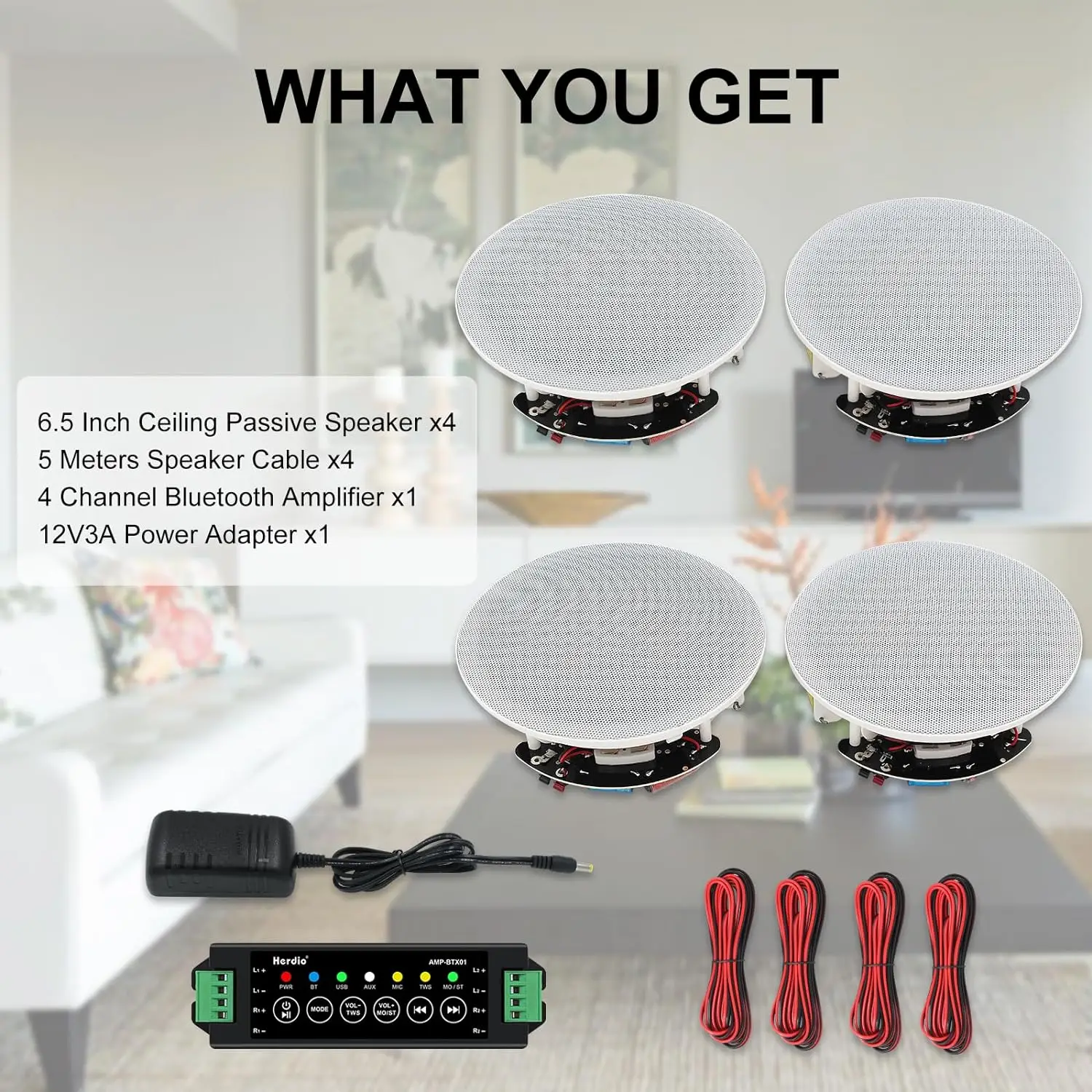 Herdio 4PCS 6.5" 4PCS Bluetooth In Ceiling Speakers 600W 2-Way Flush Mount Speakers System With Wall Amplifier Receiver For Home 6