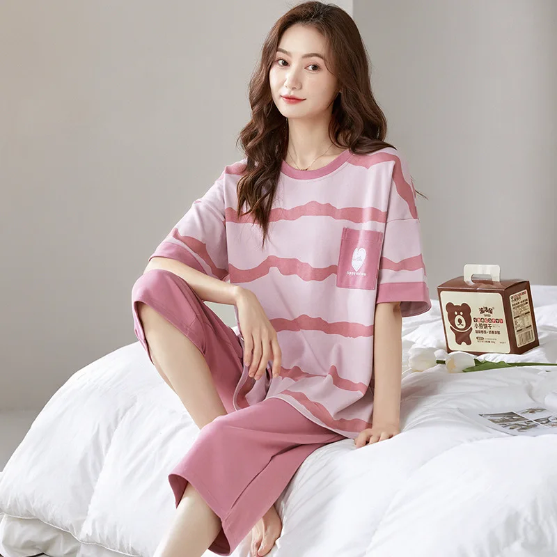 Summer Women's Thin Knitted Cotton Pajamas Short Sleeve Pullover Capris Loose Casual Home Clothing Set Cute Cartoon Sleepwear