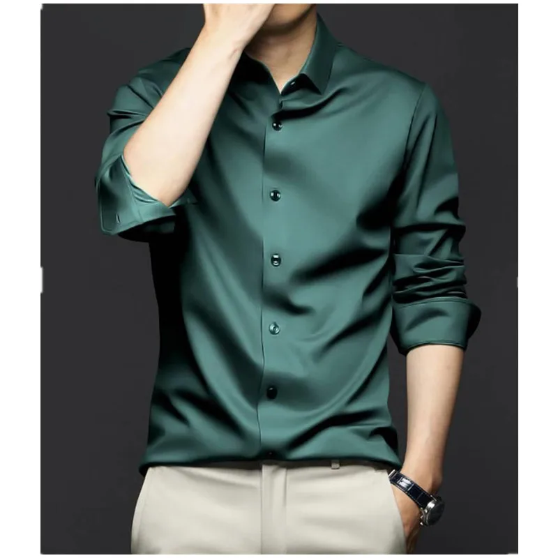 Luxurious Men's Long Sleeve Shirt New Spring Summer Ice Silk Business Top Wrinkle-resistant Non-iron Solid Men Clothing