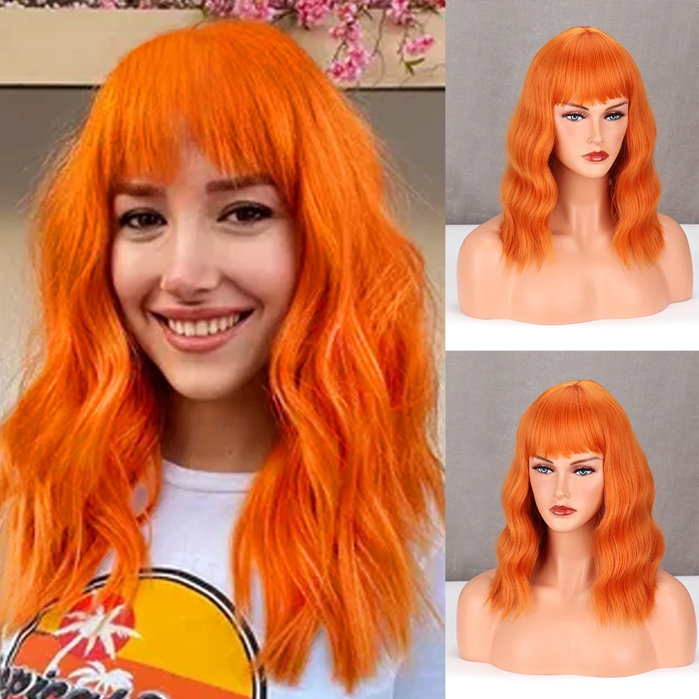 

Orange Medium Bob Wig Synthetic Water Wavy With Bangs For Women Heat Resistant Daily Cosplay Wig