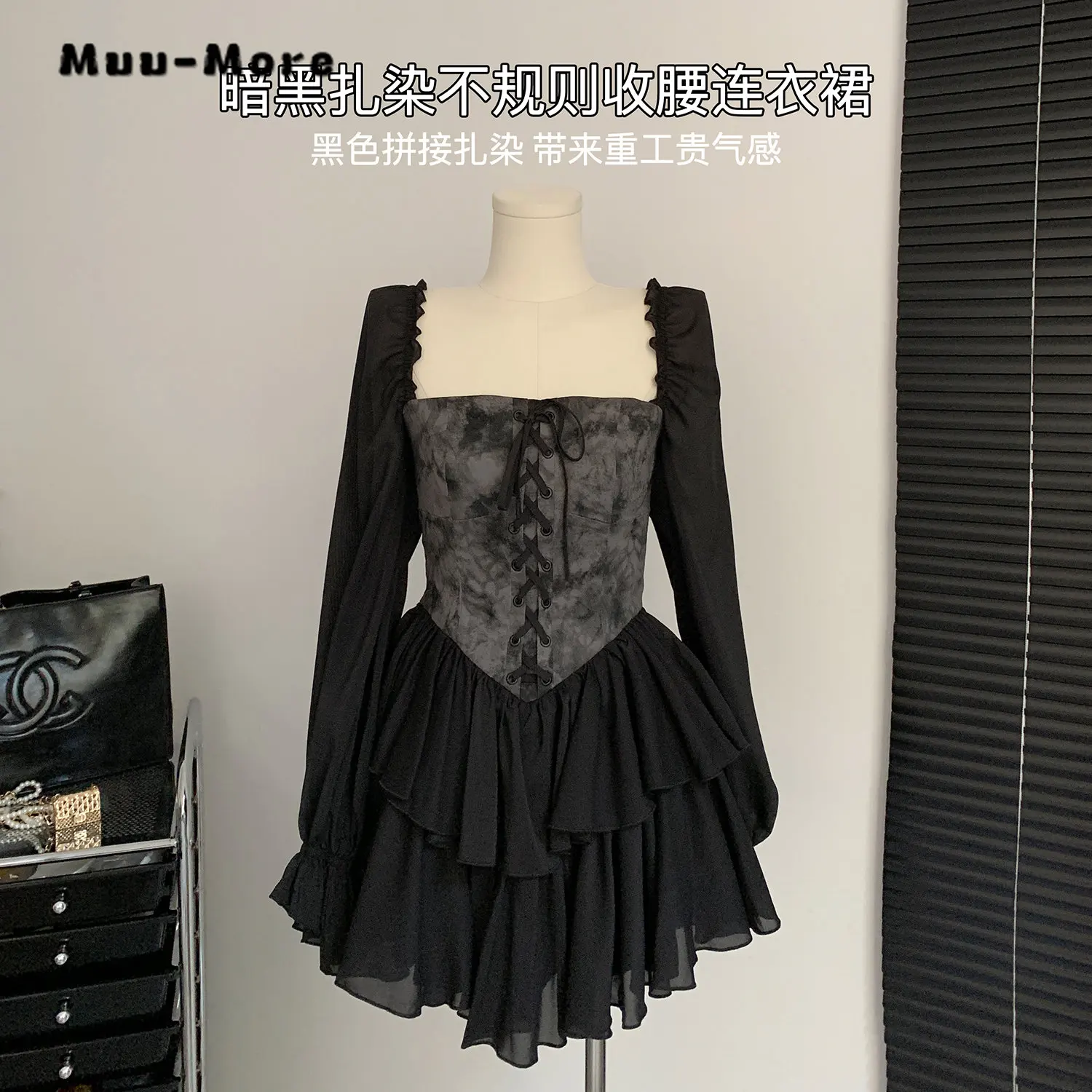 

Women Gothic Style Sexy Backless Long Sleeve Floral Print Suspender Dresses 2023 Summer Chiffon Hotsweet Party Club Black Dress