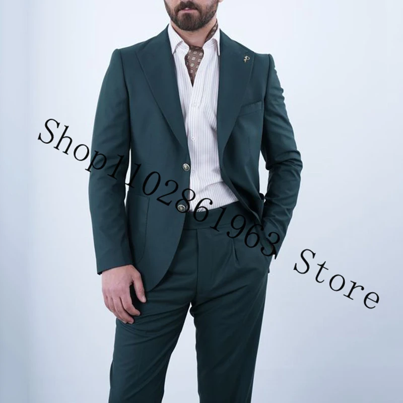 Casual Men Suits Slim Fit Peak Lapel Two Buttons 2 Pieces Suits Blazer Pants Groom Wedding Party Tuxedos Trajes De Hombre