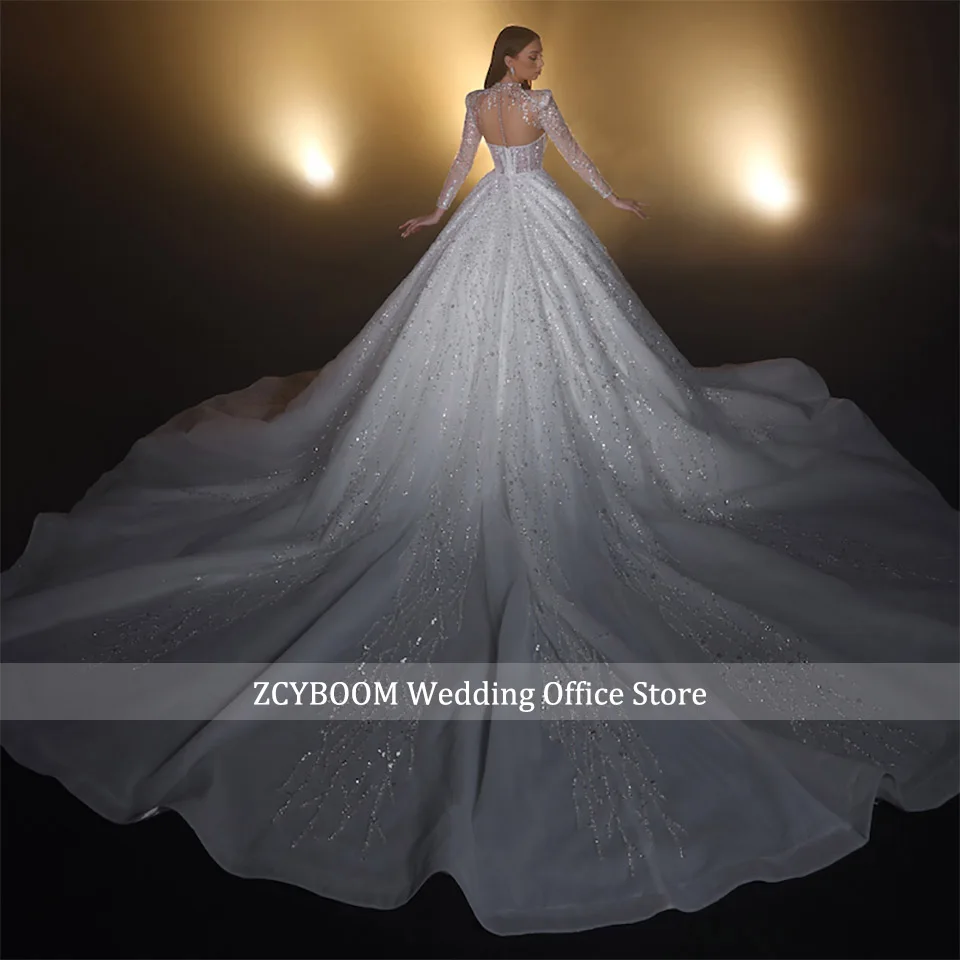 Luxuriöses Glitzer-Pailletten Langarm Prinzessinnen-Hochzeitskleid 2026 Illusions-Rücken Hochgeschlossenes Dubai Arabisches Brautkleid Vestido De Noiva – Detail 4
