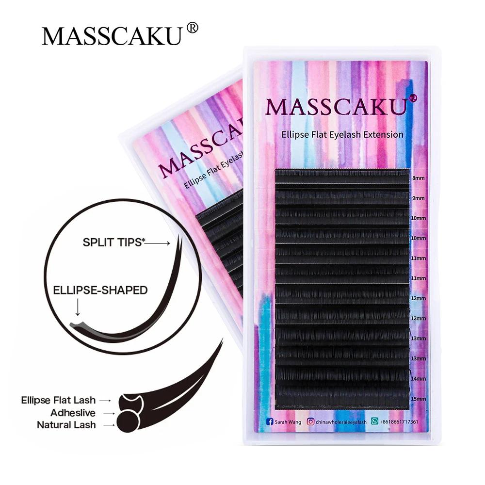 MASSCAKU Outstanding Quality Matte Flat Lashes Split Tips Ellipse False Individual Mink Eyelash Soft Natural Eyelashes Supplies aguud ellipse super flat matte lashes soft split tips ellipse false eyelash dark black individual faux mink flat lash extensions