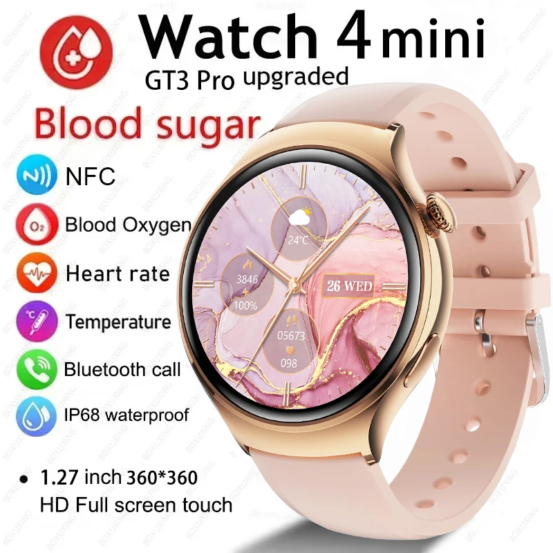 여성용 AMOLED NFC GPS 심박수 시계, BT 통화, IP68 방수, 레이디 스마트워치 및 박스, 화웨이 2024, GT4 미니 스마트 워치, 신제품