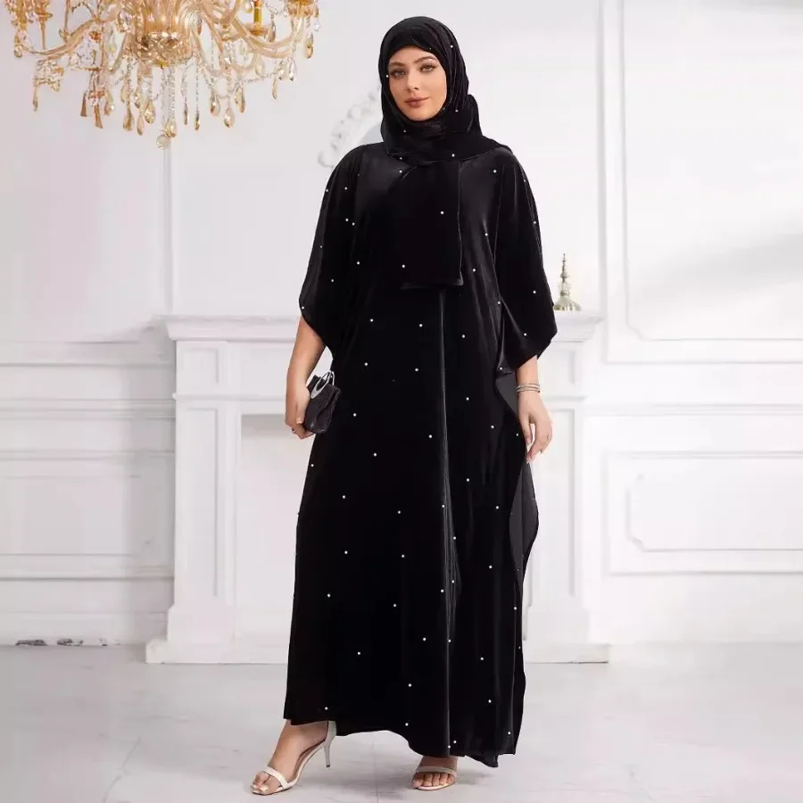 Plus Size Muslim Dresses for Women Elegant Muslim Women 3/4 Sleeve Velvet Long Maxi Dress Muslim Fashion Abaya Gowns with Hijab