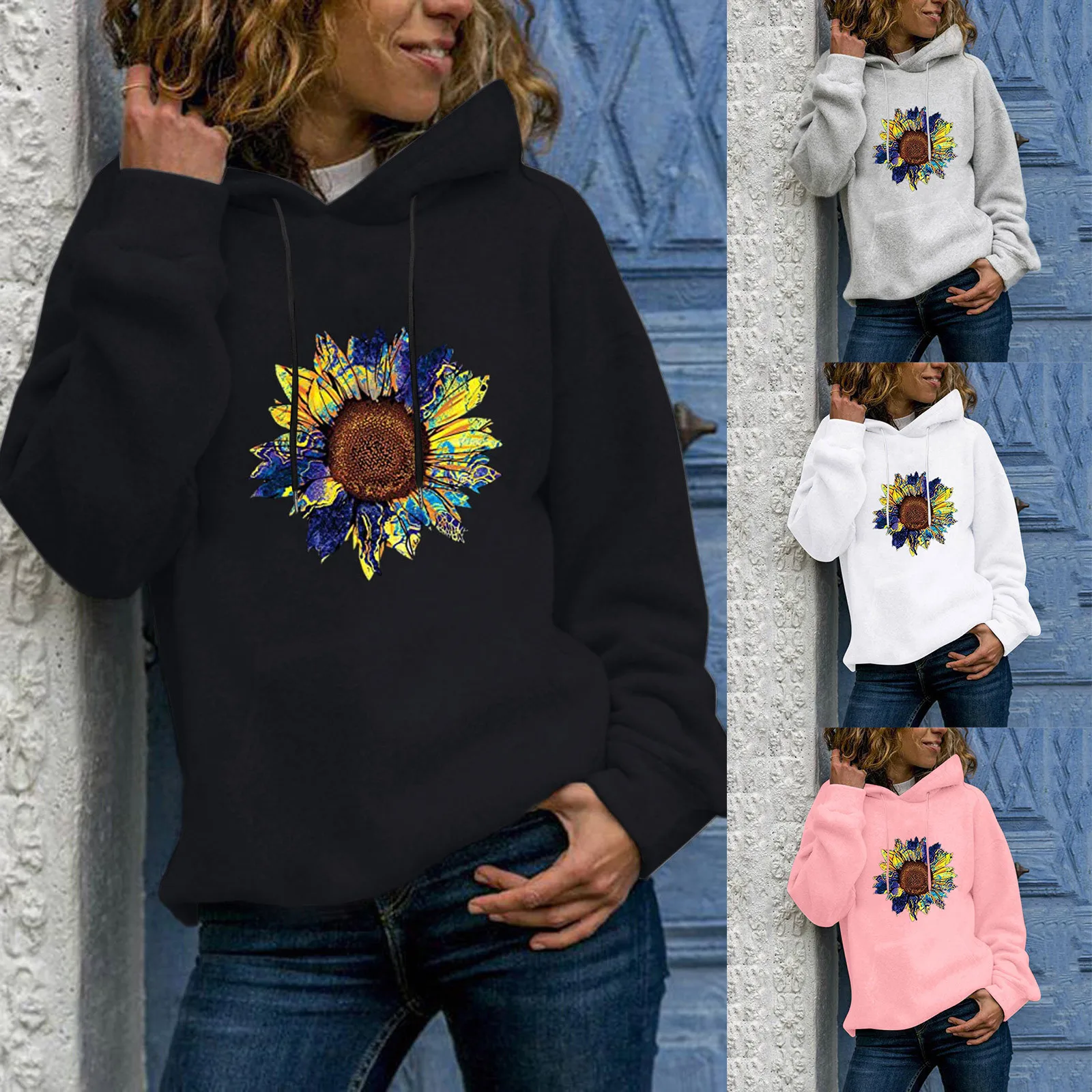 

Women's Solid Color Blouse Hoodie Sunflower Printed Top Sweatshirt Athletic Womens Hoodie Casual Winter Jacket