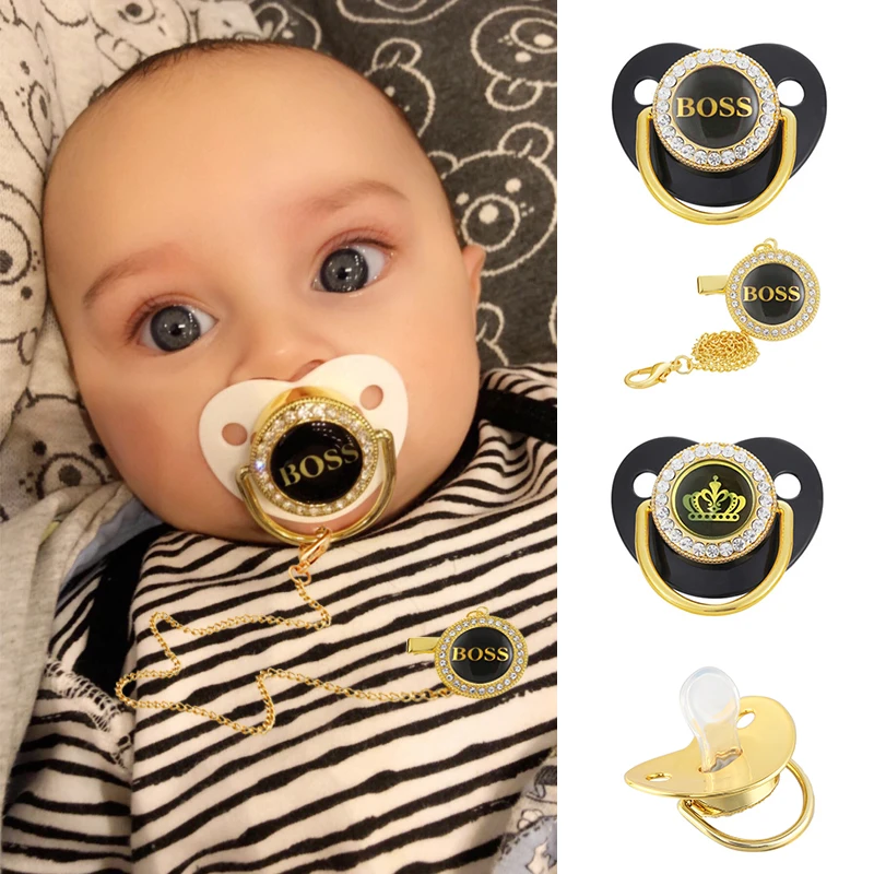 

Letter Print Baby Pacifier with Chain Clip Newborn BPA Free Luxury Bling Pacifier Silicone Dummy Soother Chupeta 0-18 Months