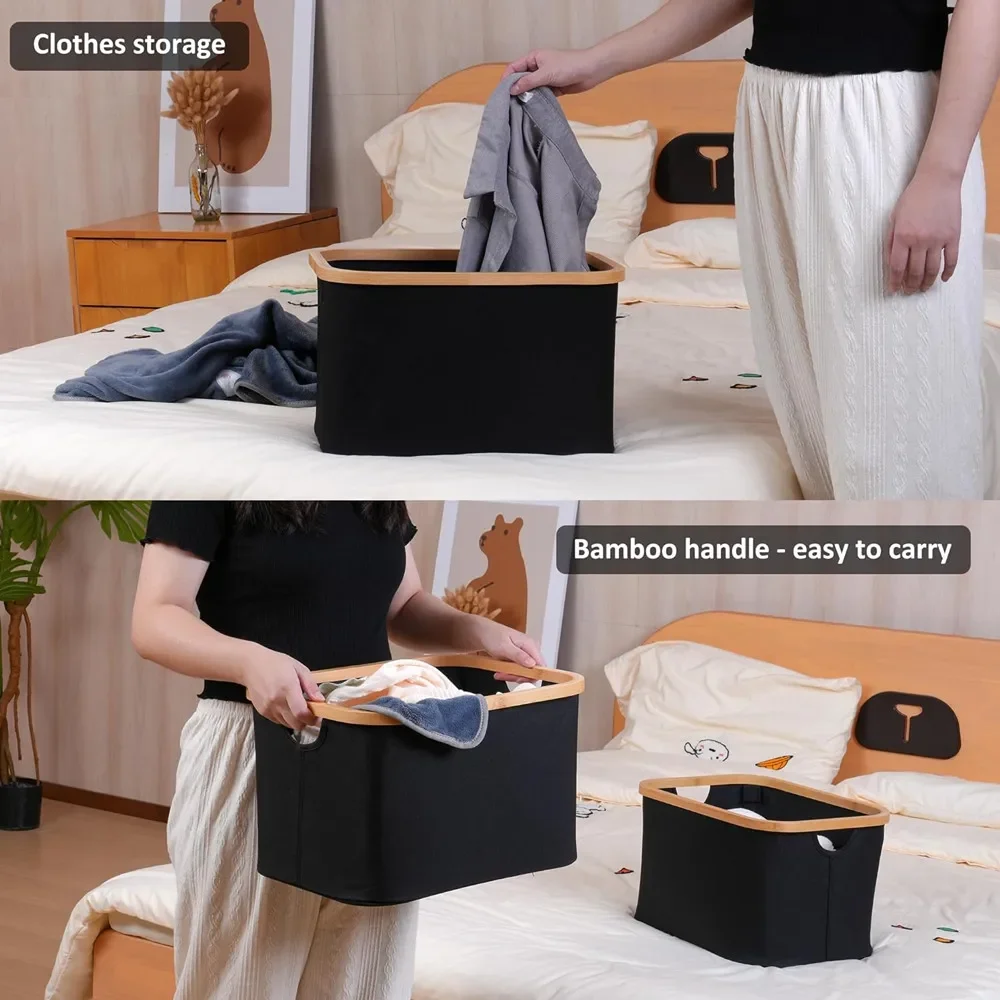 Black Storage Baskets for Organizing,Fabric Storage Bins with Bamboo Handles, Collapsible Storage Baskets for Shelves and Closet 3