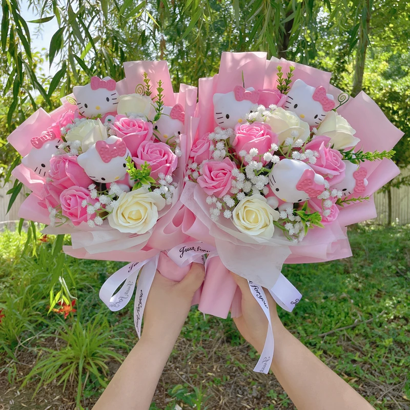 Cartoon Hellokitty Cat With Artificial Flowers Plush Doll Toy bridal bouquet Flower Bouquet Valentine Christmas Graduation Gifts 2