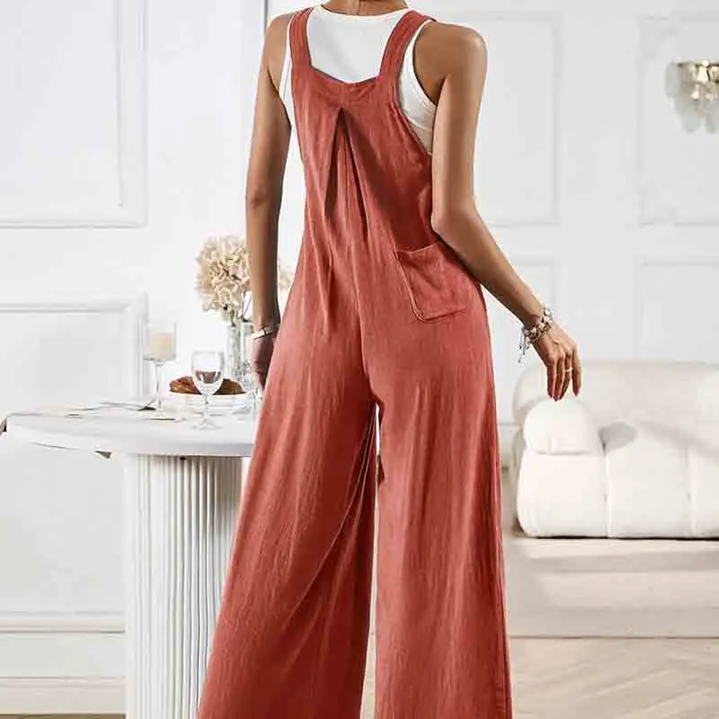 Solid Color Suspender Pants for Women's 2024 Summer Sleeveless Loose Wide Leg Jumpsuit Fashion Casual Streetwear Loose Jumpsuits