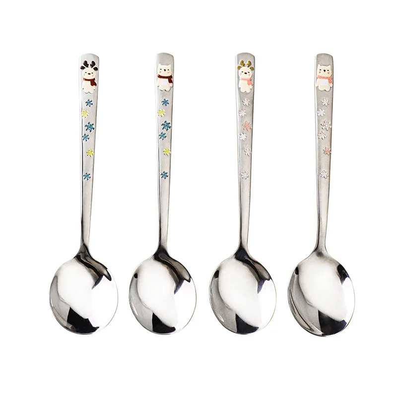 Hot 304 Stainless Steel Round Spoon Cartoon Embossed Deer Spoon Korean Style Household Long Handle Drinking Spoon lijiao