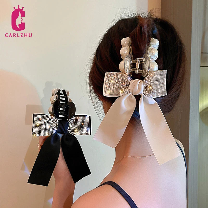 

2022 New Hyperbole Big Pearls Ribbon Acrylic Hair Claw Clips Big Size Makeup Hair Styling Barrettes for Women Hair Accessories
