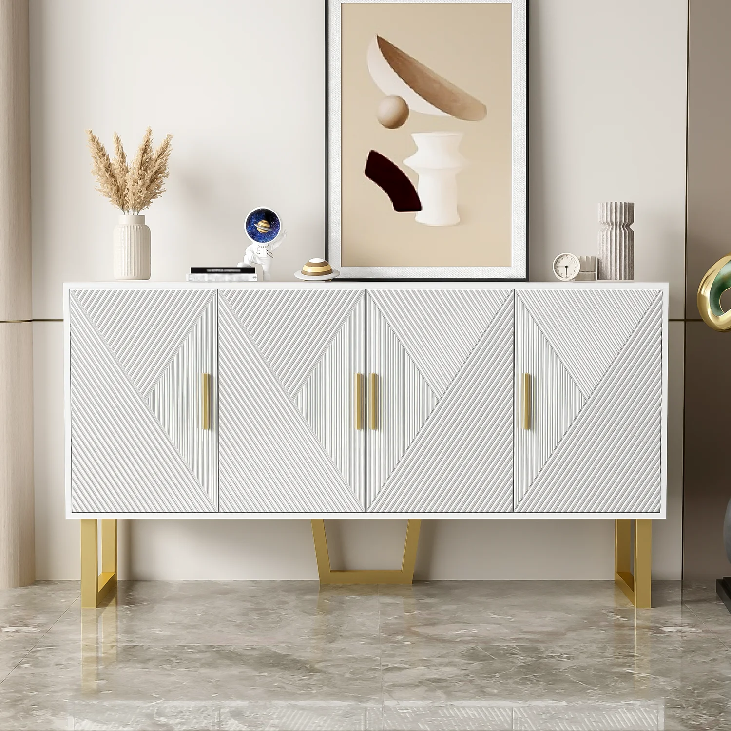 150cm modern, luxurious white sideboard, high-gloss structured doors gold handles 4-door design, height adjustable – Detail 1