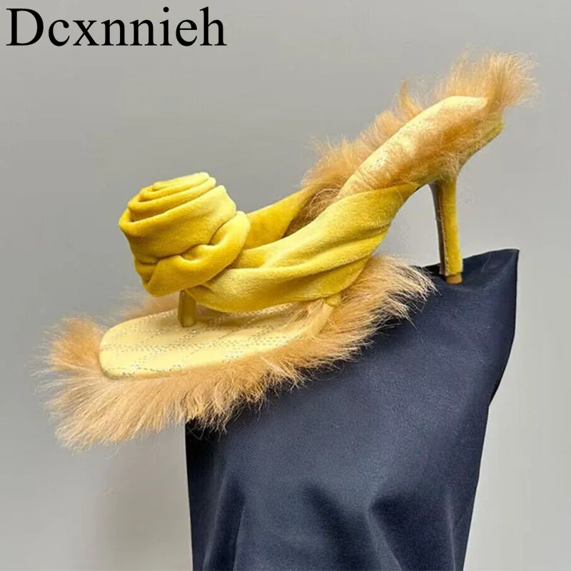 

New Square Toe Flower Decor Thin Heels Slippers Women's Sexy Split Toe Pumps Summer Fur Decor Sandals Party Dress Shoes