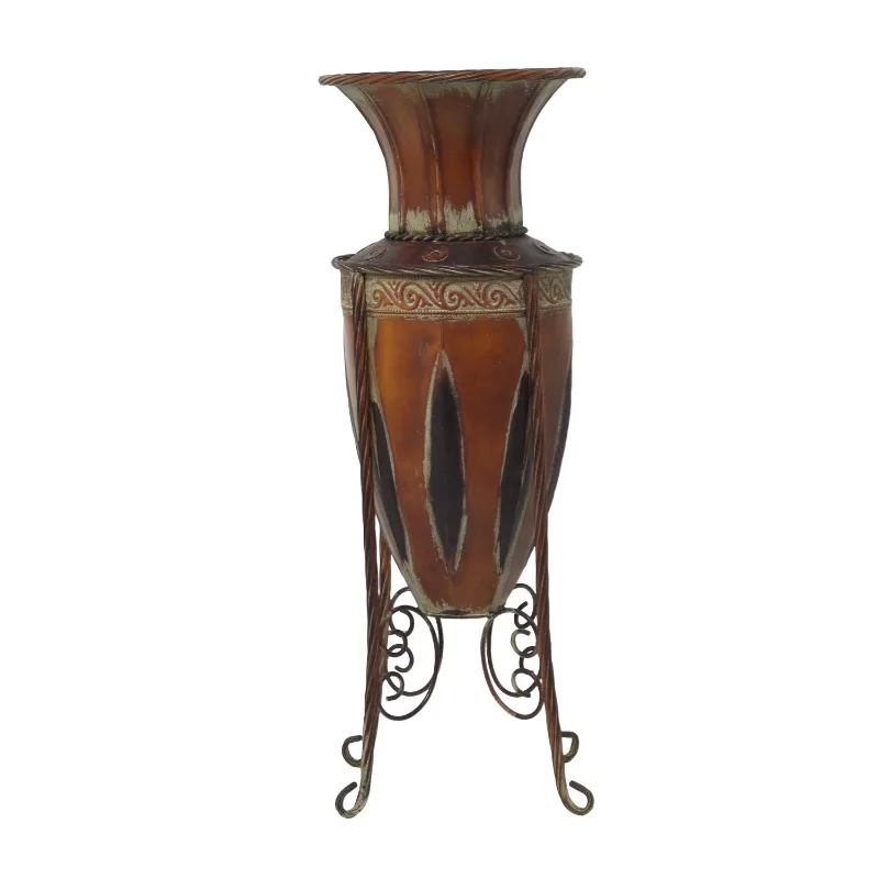 

27" Tall Brown Metal Vase with Attached Metal Stand and Intricate Design