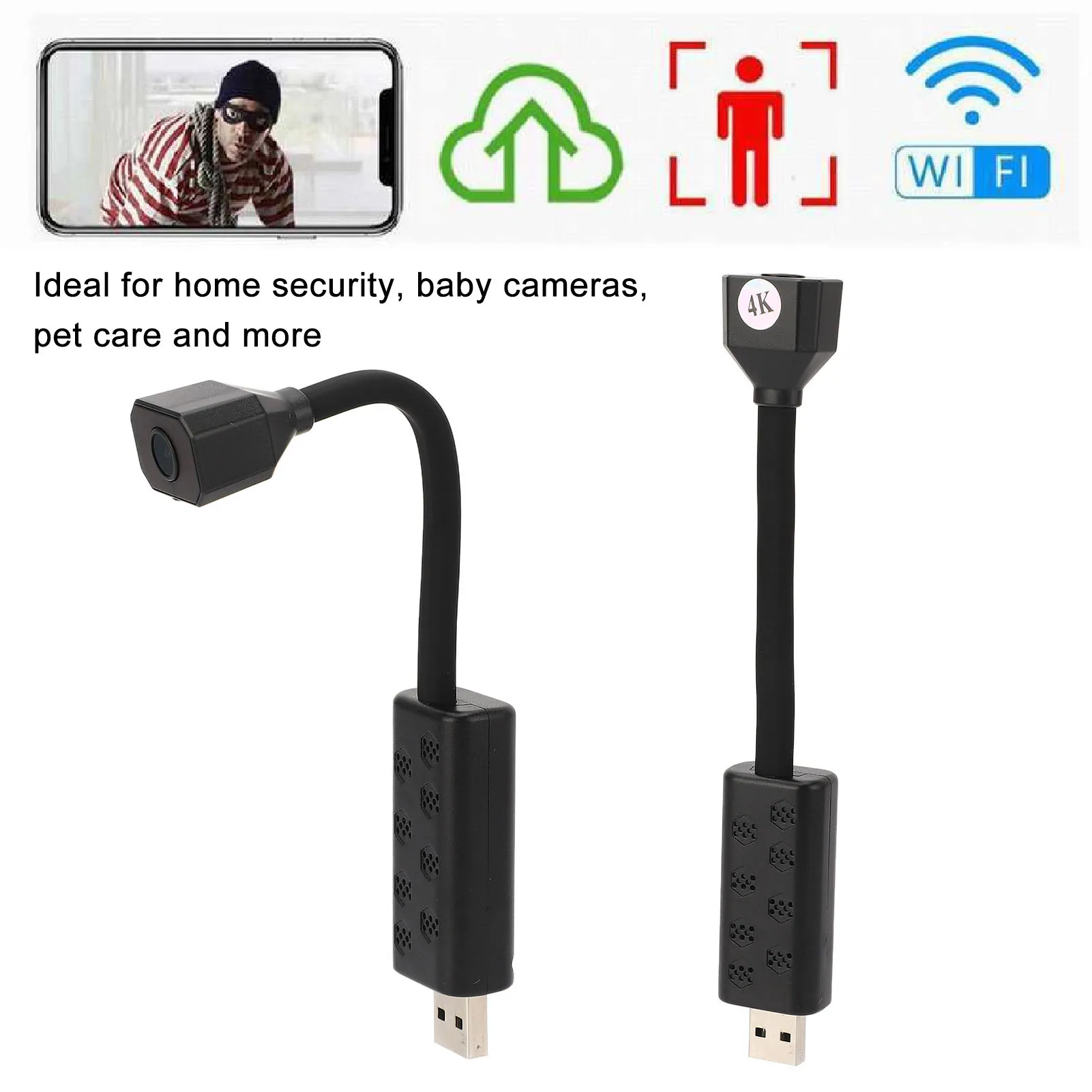 WiFi Night Viewing Camera USB 5V Metal Hose HD AI Humanoid Detection 4K Resolution Mini Night Viewing Security Camera for Home