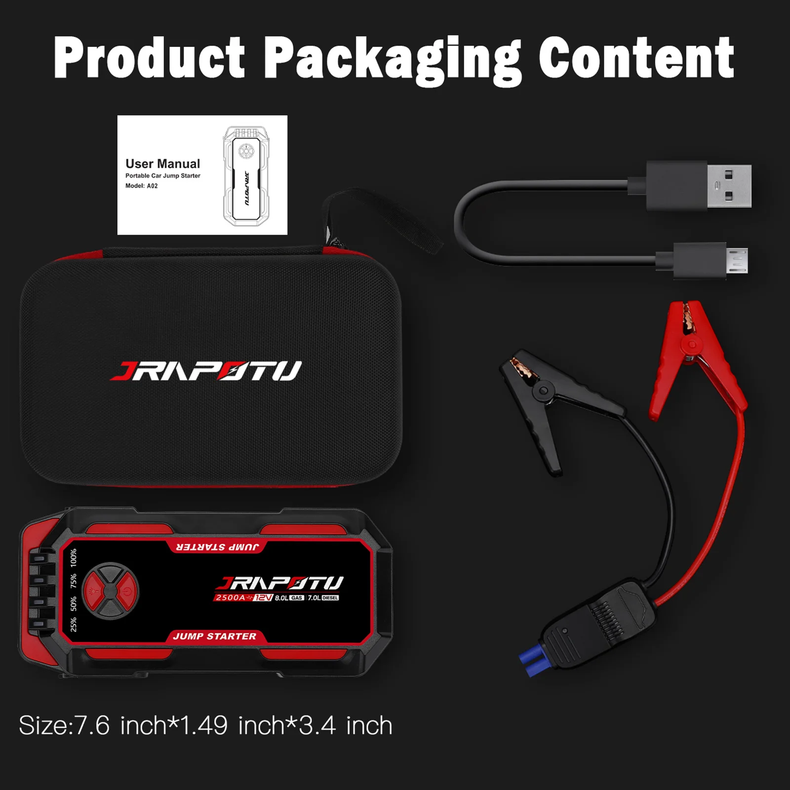 Portable Car Jump Starter 2500A Peak Battery Jumper Starter 12V for 8