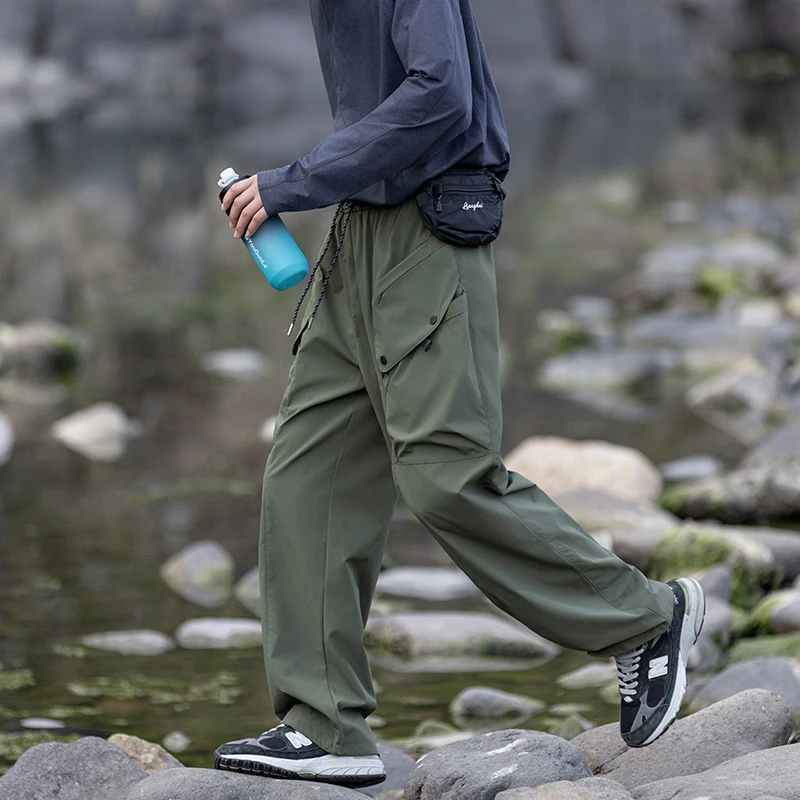 Men's Green Quick Dry Cargo Hiking Pants with Drawstring Waist