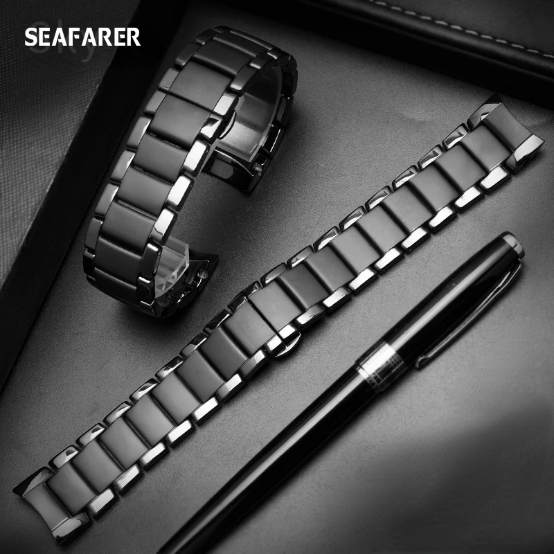Ceramic Black Watch Band Bracelet - Unisex, 22-24mm Strap