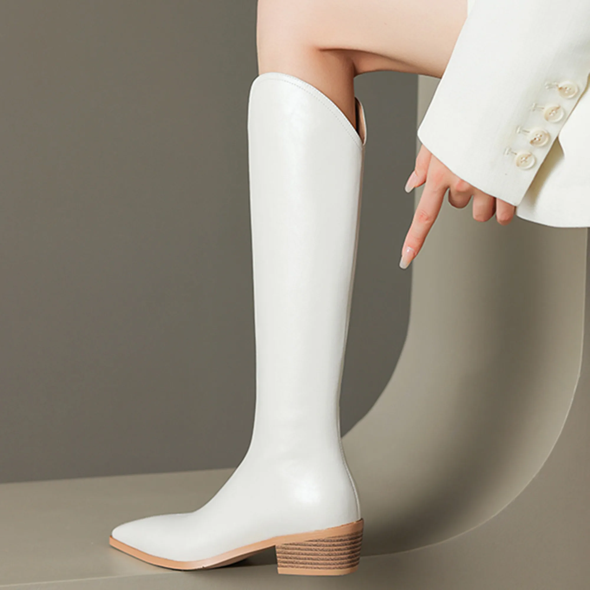 

【ENMAYER】Fashion Design New Women Knee High Boots Pointed Toe Thick High Heels Genuine Leather Shoes Woman Autumn Winter Party