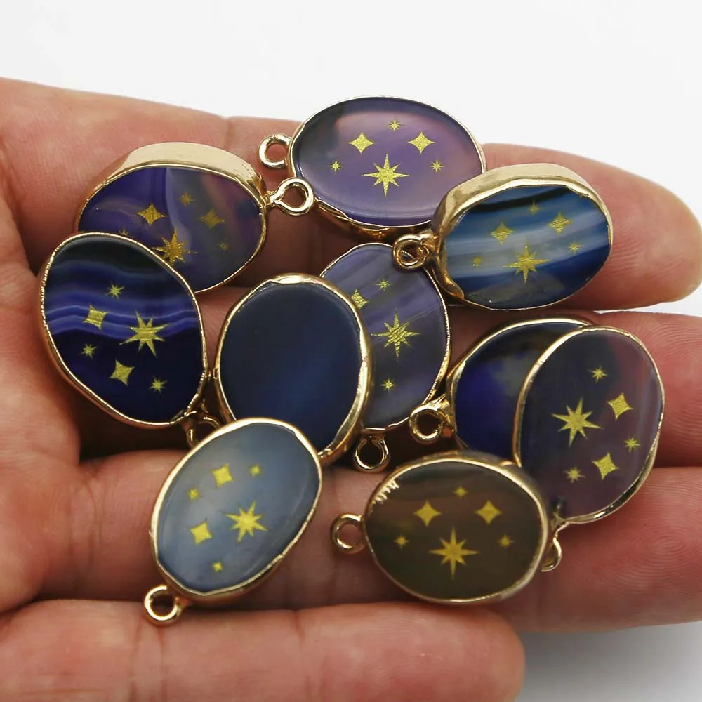 Natural Agate Jade Blue Crystal Powder Crystal Oval Star Pendant Necklace Fashion Charm Jewelry Accessories Gift Wholesale 10Pcs