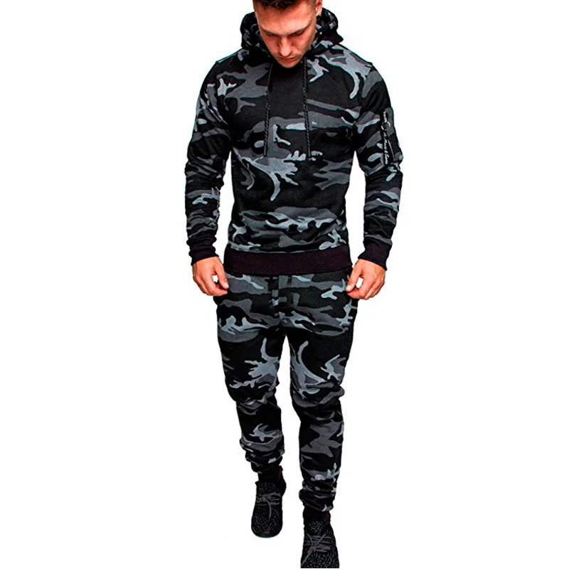 

Camo Men Tracksuit Hooded Outerwear Hoodie Set 2 Pieces Autumn Sporting Male Fitness Camouflage Sweatshirts Jacket + Pants Sets