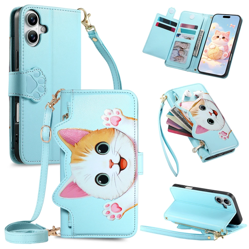 Cat Zipper Leather Wallet Phone Case with Wrist Strap and Card Holder