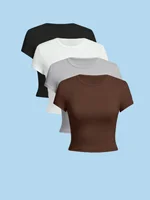 4-Pack Women's Spring and Summer Round Neck Short-Sleeved Knitted High-Elastic Slim Fit Top