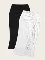 New women's elegant high waist knitted polyester skirt, solid color spring, summer and autumn long skirt, drawstring side slit - Image 3