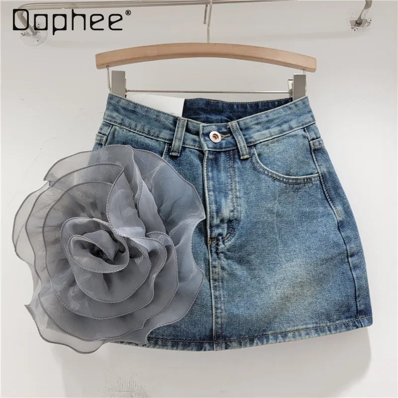 

Hot Girl Three-Dimensional Flower Short Denim Skirt Woman 2024 Summer New Fashion Sexy Women's Hip-Hugger White Mini Jean Skirts