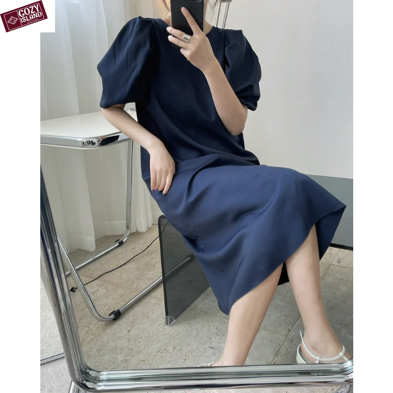

Summer Puff Sleeve Dresses Round Neck Women A-line Retro Viscose Vintage Slim Bud Mid-Length Dress Pullover Loose Yellow Clothes
