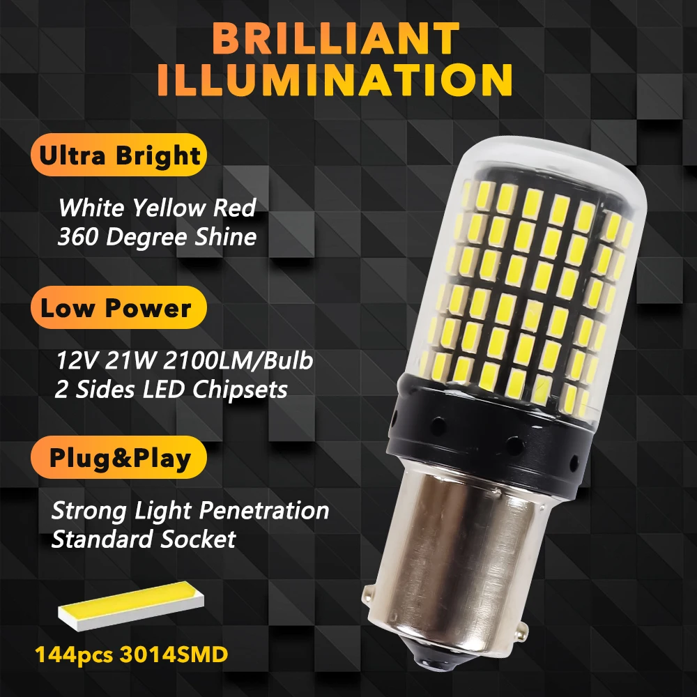 50개 1156 BA15S P21W BAU15S PY21W 7440 W21W P21/5W 1157 BAY15D 7443 3157 LED 전구 144SMD 캔버스 램프 후진 방향지시등