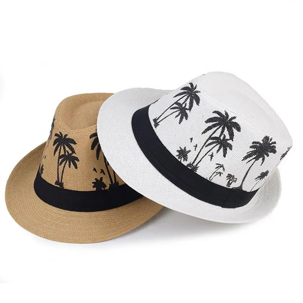 Men Beach Hat Breathable Short Brim Tree Print Contrast Color Flat