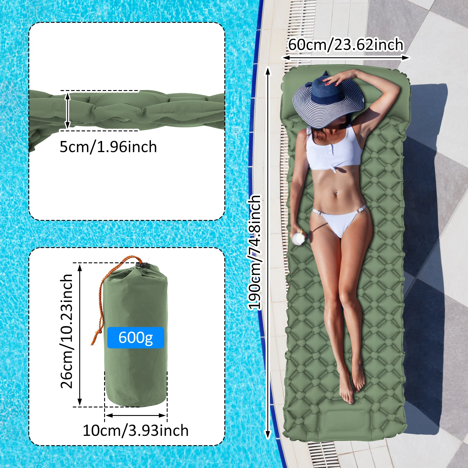 Waterproof Nylon Inflatable Camping Sleeping Pad with Pillow for Outdoor Hiking