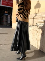Black PU-leather Pleated Skirt New Women High Waist Fashionable All-match A-Line mi-long Skirt Female - Image 4