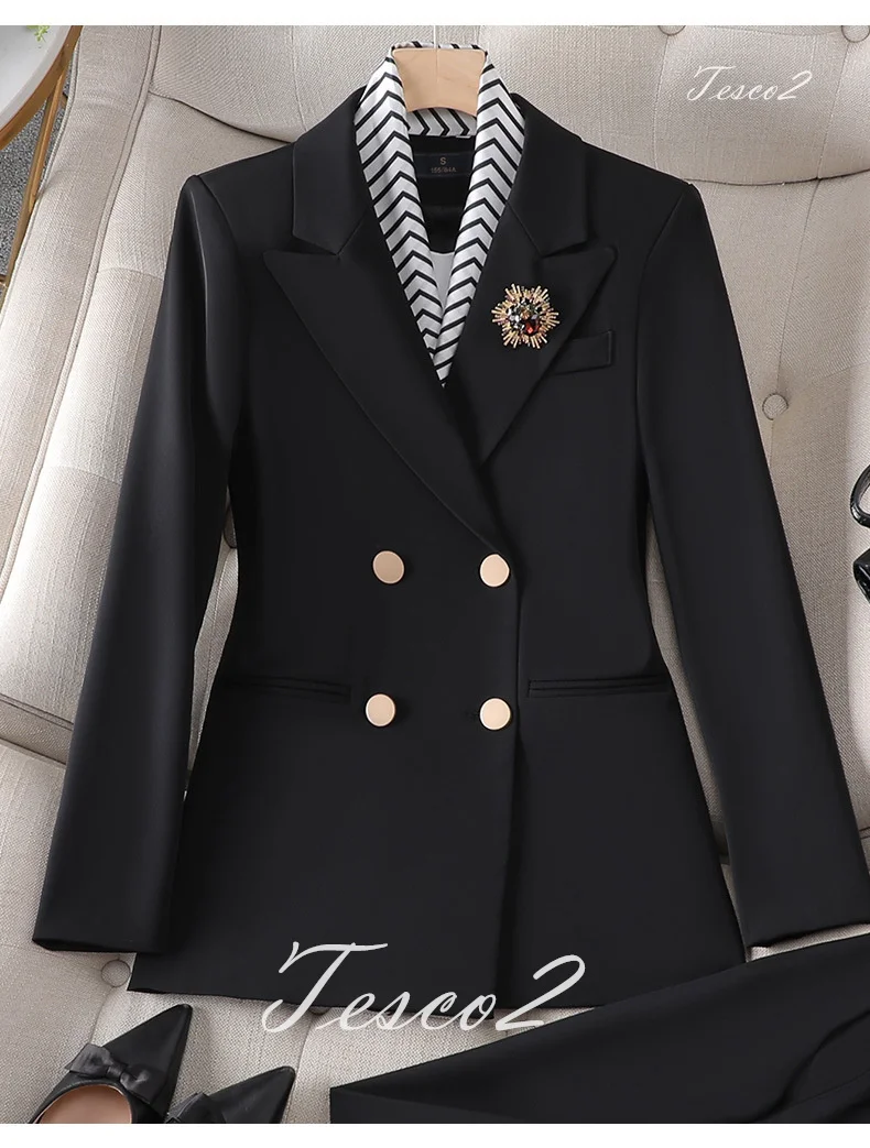 Tesco Office Lady Pantsuit Long Sleeve Blazer Suit +Pencil Pants Solid Women's Outfits 2 Piece For Business conjunto femininos