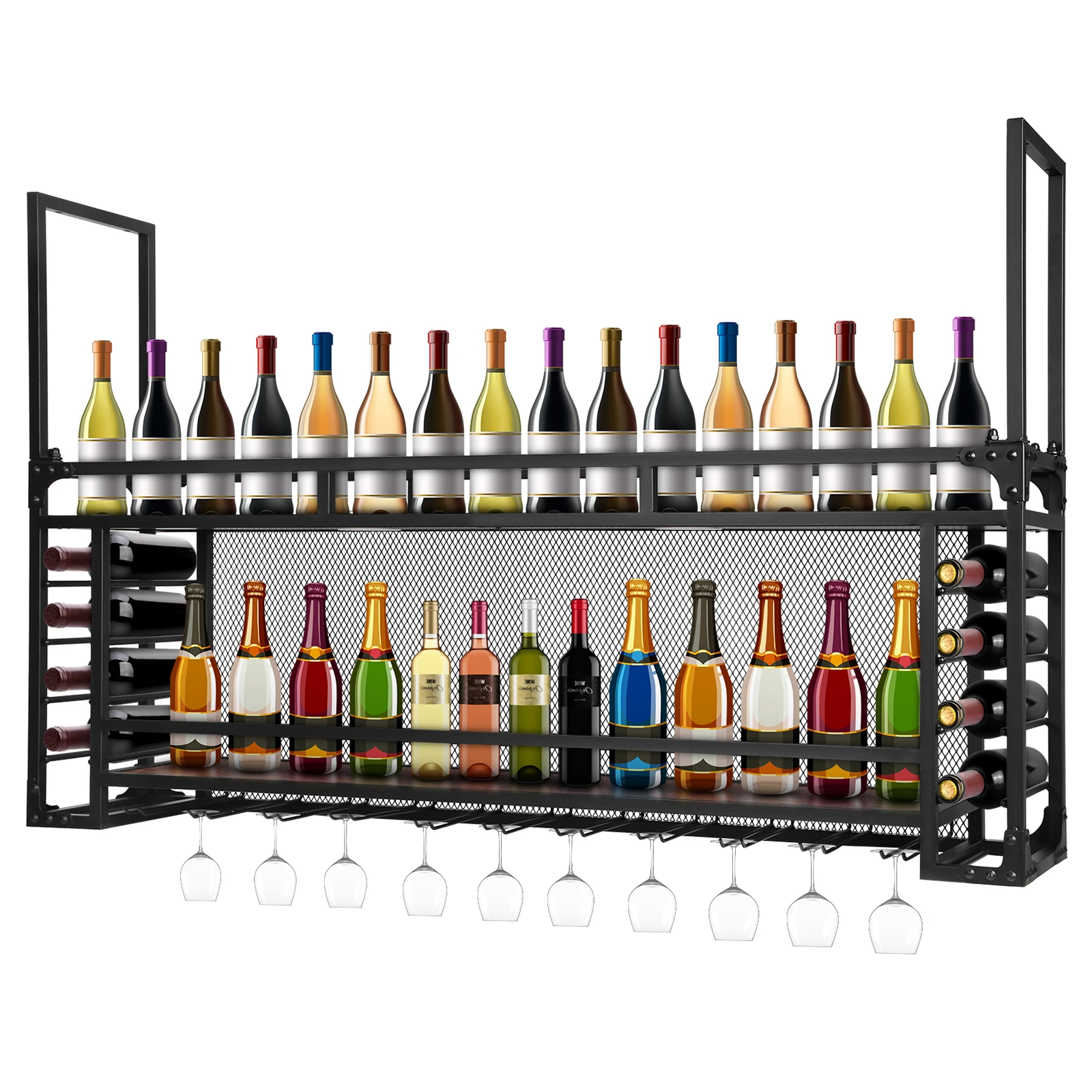 Wall Mounted 2 -Tiers Black Iron Bar Shelves Wall Mounted Floating Shelves Display Storage Organizer for Kitchen Dining Room Bar