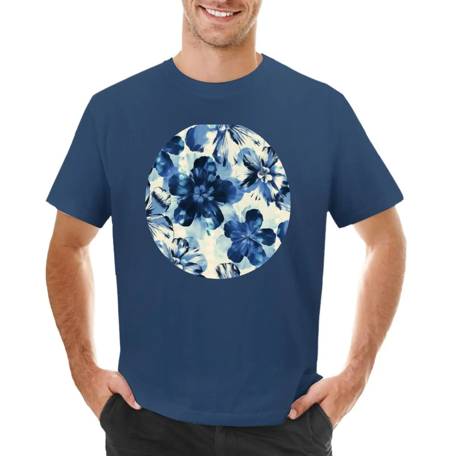 

Shibori Inspired Oversized Indigo Floral T-Shirt oversized kawaii clothes men t shirt