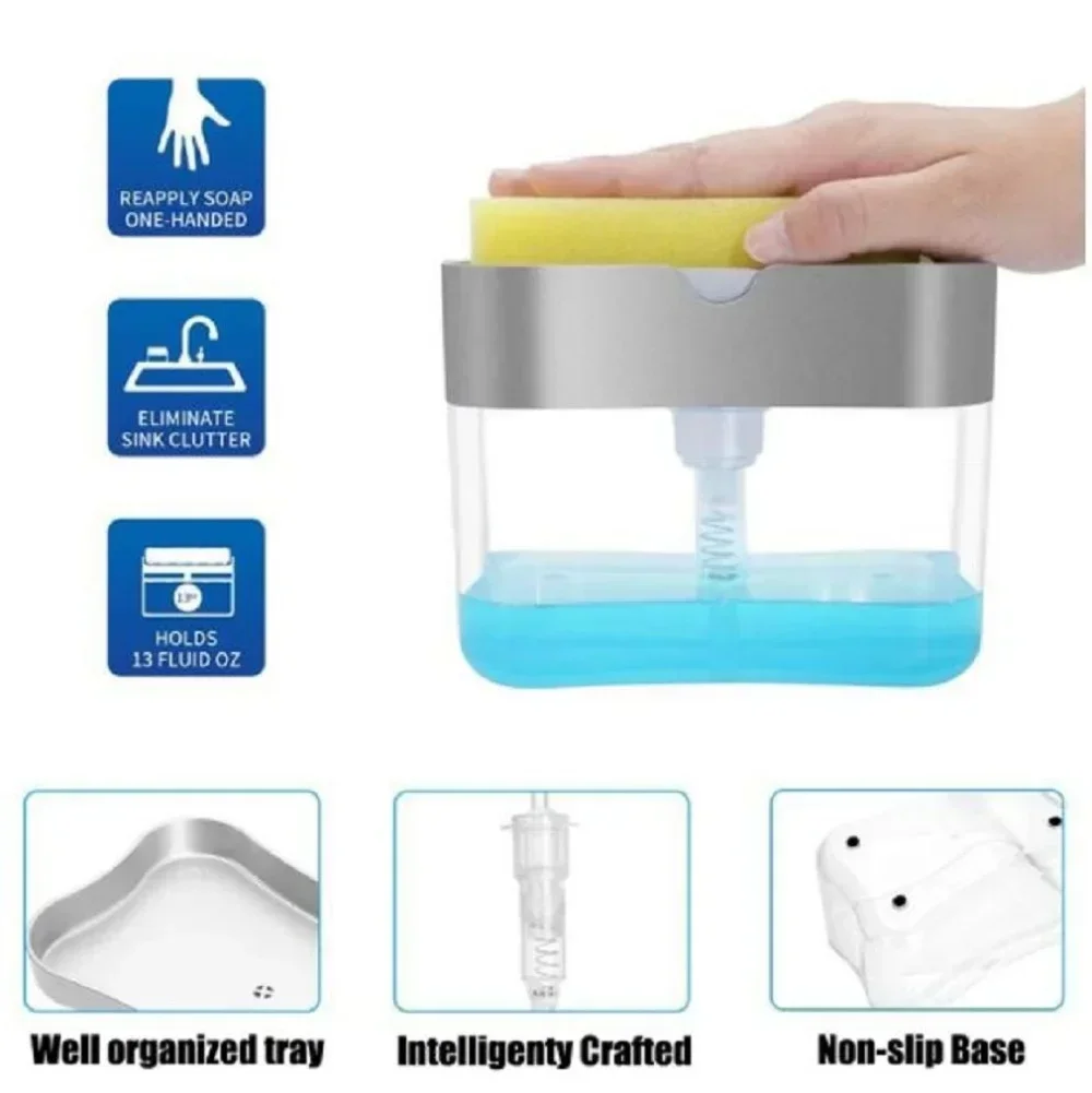 Description Picture 3 of itemAutomatic Soap Dispenser Bottle for Kitchen Dish Soap Box with Sponge Holder Hand Press Liquid Dispensing Kitchen Bathroom Tools