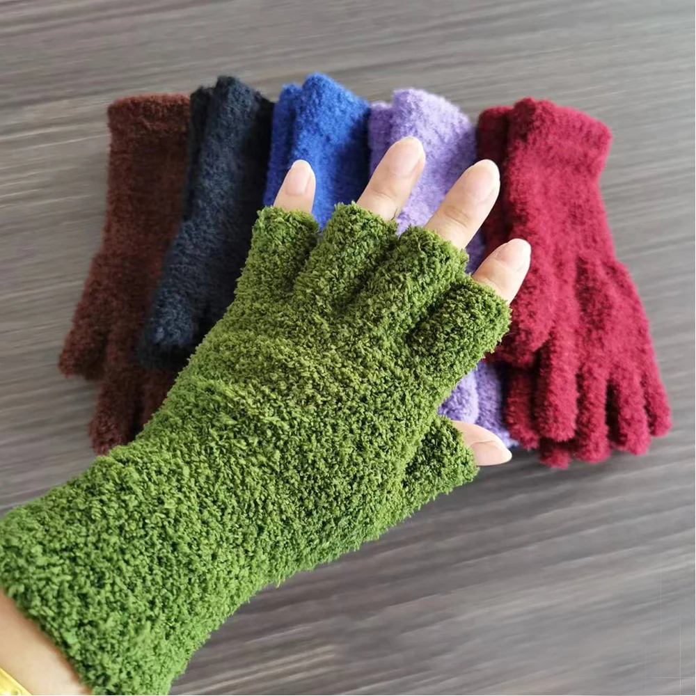 

1Pair Half Finger Fingerless Gloves Men Women Winter Warm Solid Color Knitted Half-finger Outdoor Coral Fleece Mittens