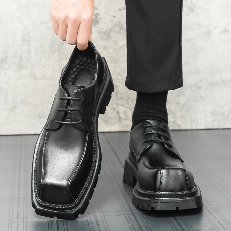Men Classic Derby Shoes Lacquer Leather Black High Grade Fashion Lace up Business Dress Shoes Square Headed European Party Shoes