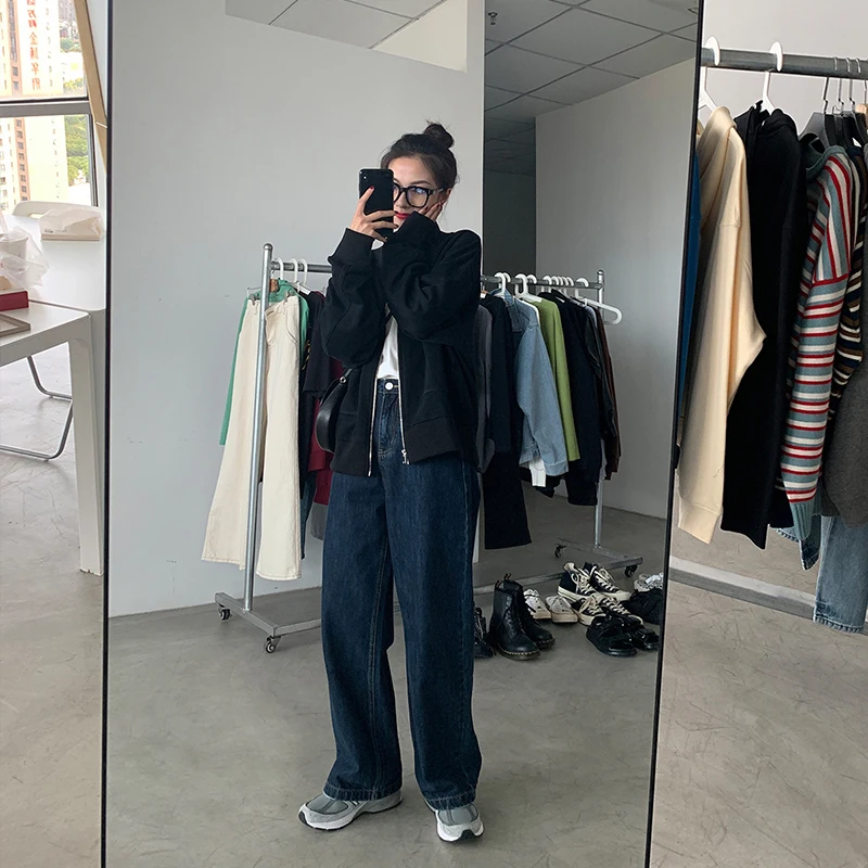 plus Size Deep Blue Denim Jeans Women's High Waist Loose Slimming Wide Leg Pants Straight Long Trousers for Pear aped Body