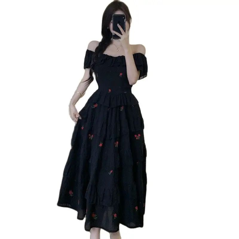 

2023 Summer New Dress Ruffle Edge One Line Collar Design Sense Niche Printing Collet Hong Kong Style A-Line Retro Free Shipping