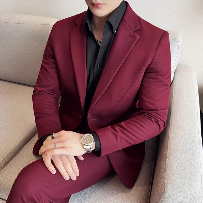 (Jacket+Pant) New Men Pure Color Business Social Wedding Party Suit Fashion Male Banquet Party Slim Fit Dress Blazer and Trouser