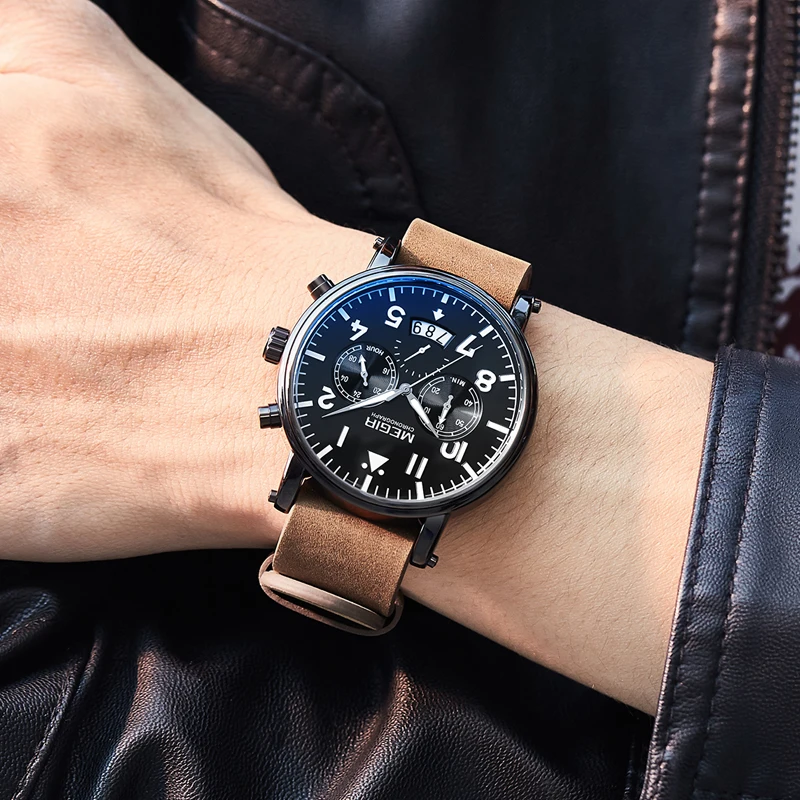 New New Leather Pilot Watches For Men Leisure 3ATM Waterproof Calendar Luminous Pointe Glow Sports Relogios Blue Watches 2149